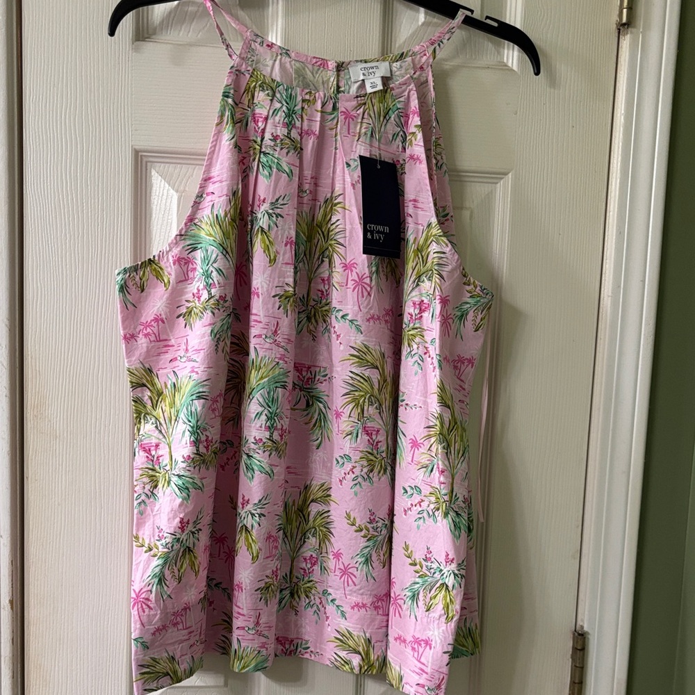 Crown & Ivy Pink and Green Tropical Halter Top